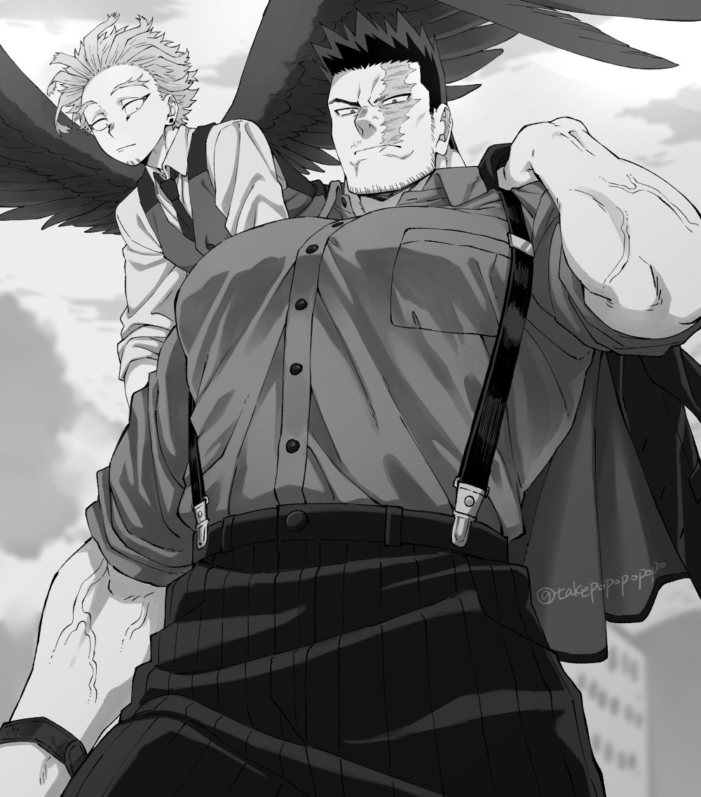 2boys, black_pants, boku_no_hero_academia, bursting_pecs, facial_hair, feathered_wings, flying, from_below