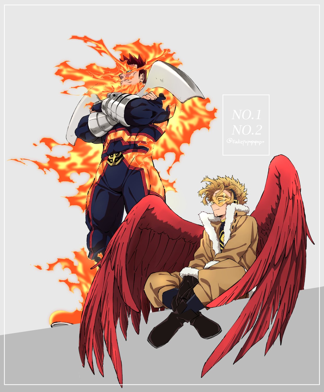 2boys, armor, blonde_hair, blue_bodysuit, bodysuit, boku_no_hero_academia, boots, bulge, covered_abs, crossed_arms, facial_hair, feathered_wings, fire, hawks_(boku_no_hero_academia), highres, male_focus, mature_male, multiple_boys, muscular, muscular_male, pauldrons, popo_take, red_wings, redhead, scar, scar_across_eye, short_hair, shoulder_armor, sideburns, sitting, spiky_hair, standing, stubble, thick_thighs, thighs, todoroki_enji, vambraces, wings