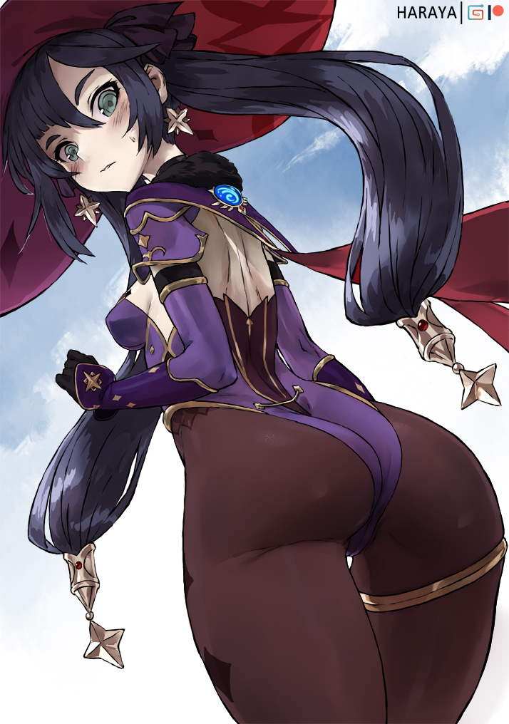 1girl, artist_name, ass, black_hair, blush, breasts, earrings, elbow_gloves