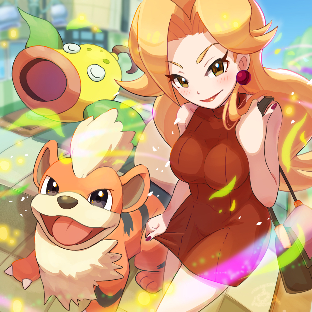 1girl, bangs, beauty_(pokemon), blonde_hair, blurry, blurry_background, blush, breasts