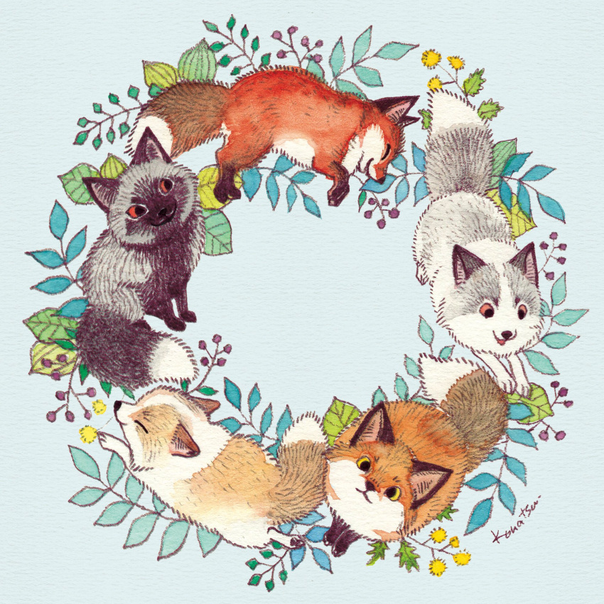 animal, animal_focus, artist_name, closed_eyes, closed_mouth, commentary, dandelion, flower, fluffy, fox, highres, konatsu_tunacan, leaf, looking_at_viewer, looking_up, lying, no_humans, on_side, on_stomach, open_mouth, orange_eyes, original, signature, sitting, sleeping, sploot