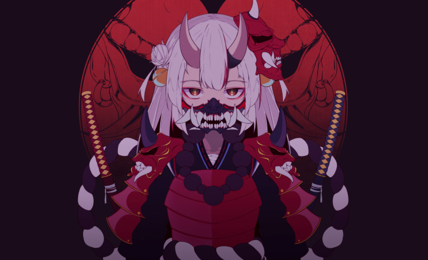1girl, absurdres, amadeus_(amadeus0903), armor, bangs, bell, black_kimono, breastplate