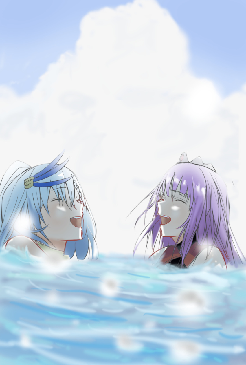 2girls, ^_^, bangs, blue_hair, closed_eyes, clouds, eyebrows_visible_through_hair, feather_hair_ornament
