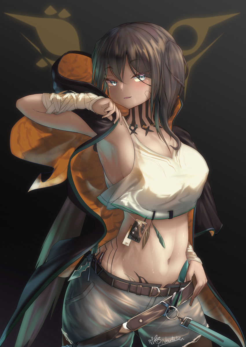 1girl, arknights, armpits, bandages, bangs, belt, black_background, black_hair