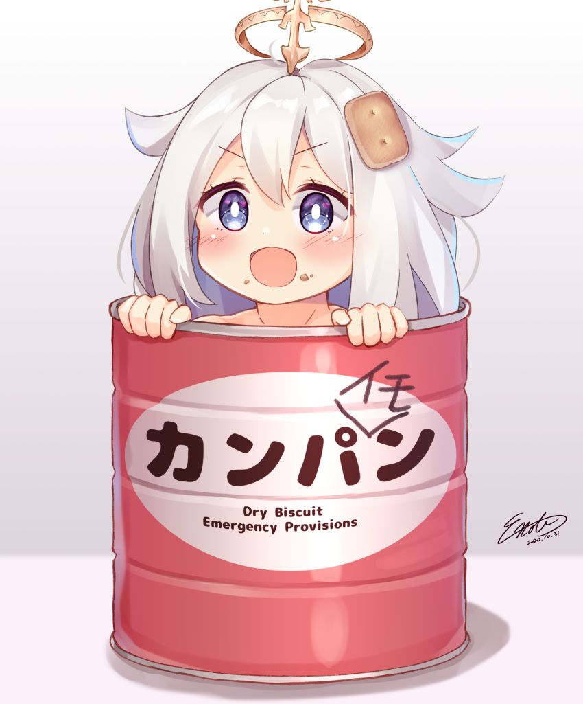 1girl, :d, absurdres, artist_name, blue_eyes, blush, can, canned_food