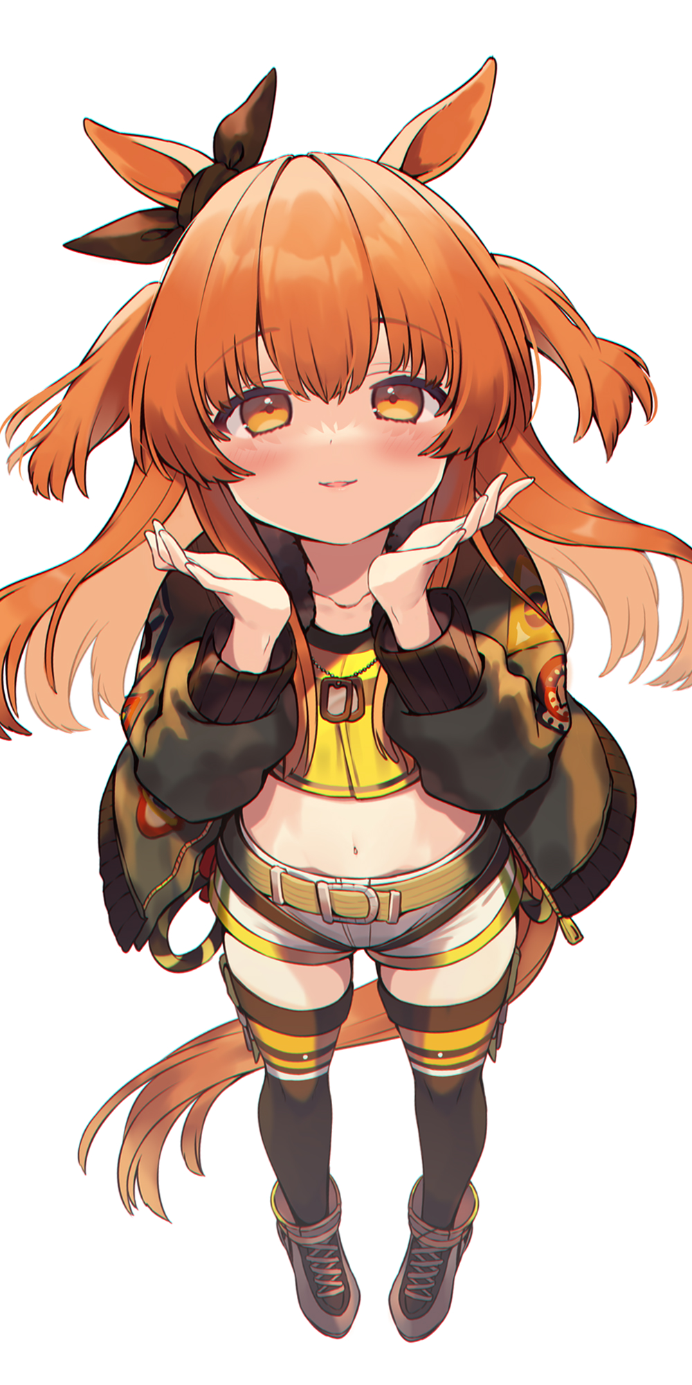 1girl, animal_ears, bangs, belt, belt_buckle, black_jacket, black_legwear, black_ribbon, blush, boots, brown_belt, brown_eyes, brown_footwear, buckle, collarbone, commentary_request, crop_top, ear_ribbon, eyebrows_visible_through_hair, from_above, full_body, hair_between_eyes, hands_up, highres, horse_ears, jacket, long_hair, long_sleeves, looking_at_viewer, looking_up, mayano_top_gun, midriff, navel, open_clothes, open_jacket, orange_hair, parted_lips, puffy_long_sleeves, puffy_sleeves, ribbon, shirt, short_shorts, shorts, simple_background, smile, solo, standing, thigh-highs, thighhighs_under_boots, two_side_up, umamusume, usamata, very_long_hair, white_background, white_shorts, yellow_shirt