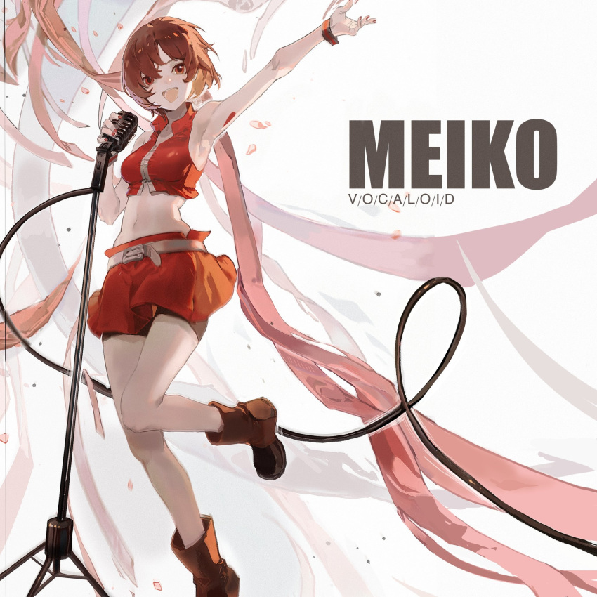1girl, arm_up, armpits, boots, brown_eyes, brown_footwear, brown_hair, cable
