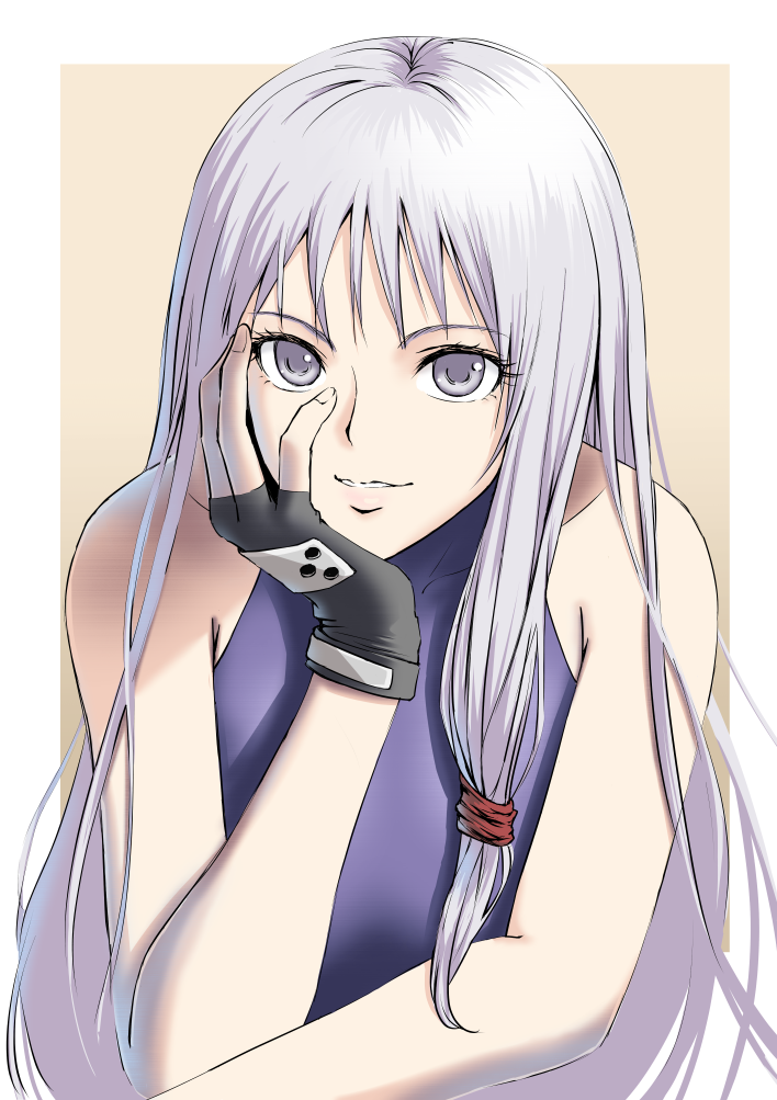 1girl, bangs, bare_shoulders, black_gloves, eyelashes, fingerless_gloves, gloves, grey_eyes, grey_hair, hair_ribbon, hand_on_own_face, head_rest, jing_king_of_bandits, kaijin-m, light_smile, long_hair, looking_at_viewer, parted_lips, ribbon, silver_hair, simple_background, sleeveless, solo, stir_(jing_king_of_bandits), tress_ribbon, upper_body, white_eyes