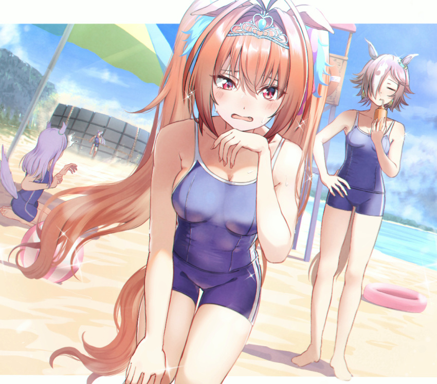 4girls, ^^^, animal_ears, bangs, bare_arms, bare_shoulders, barefoot, beach