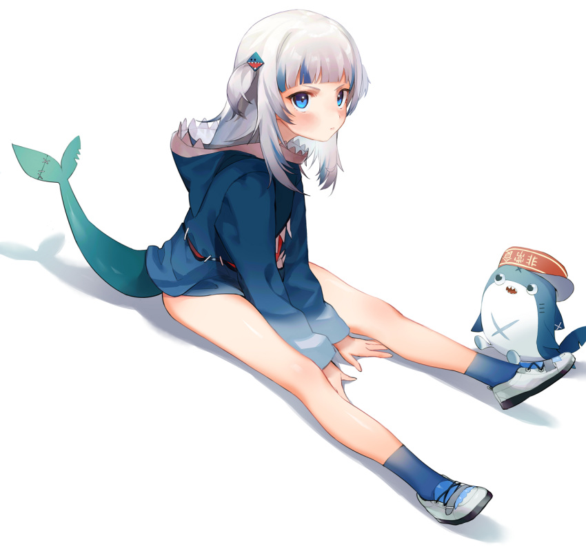 1girl, animal_hood, bloop_(gawr_gura), blue_eyes, blue_hair, blue_jacket, closed_mouth, fish_tail