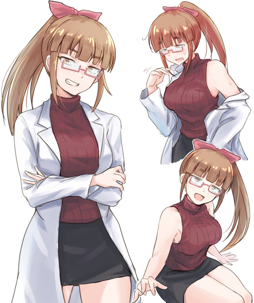 1girl, :d, black_skirt, bow, breasts, brown_eyes, brown_hair, commentary_request
