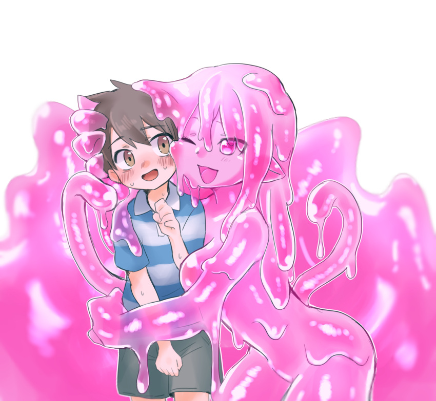 1boy, 1girl, ;d, bangs, blush, brown_hair, cheek-to-cheek, child, commentary_request, eyebrows_visible_through_hair, hair_between_eyes, hetero, highres, hug, kai_himo, monster_girl, one_eye_closed, open_mouth, original, pink_eyes, pink_slime, pointy_ears, shirt, shorts, slime_girl, smile, striped, striped_shirt, sweat, sweating_profusely