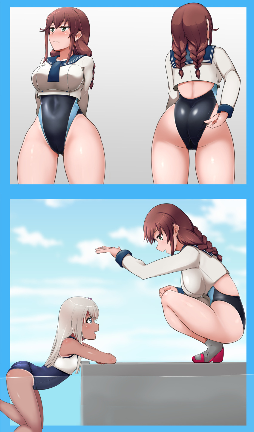 2girls, adapted_costume, ass, bangs, blue_swimsuit, bracelet, braid, breasts, brown_hair, competition_swimsuit, crop_top, flower, full_body, green_eyes, hair_between_eyes, hair_flower, hair_ornament, highres, jewelry, kantai_collection, medium_breasts, midriff, multiple_girls, nikku_(nzaf5832), noshiro_(kancolle), ocean, one-piece_swimsuit, one-piece_tan, open_mouth, port, remodel_(kantai_collection), ro-500_(kancolle), school_swimsuit, school_uniform, serafuku, shoes, small_breasts, squatting, swept_bangs, swimsuit, swimsuit_under_clothes, tan, tanline, twin_braids, water