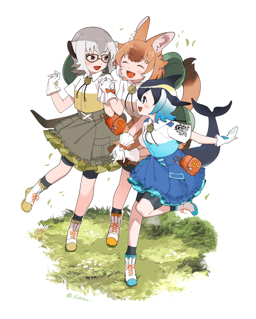 3girls, animal_ears, bike_shorts, black_hair, blonde_hair, blue_footwear, blue_shirt, blue_skirt