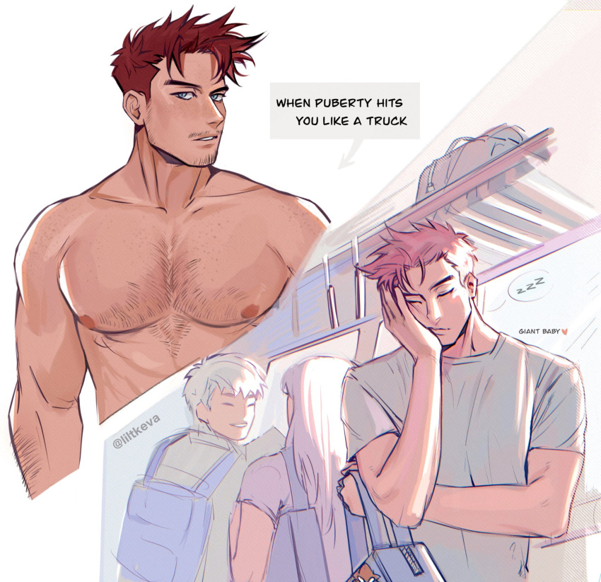 1girl, 2boys, alternate_hairstyle, blue_eyes, boku_no_hero_academia, casual, chest_hair, collage