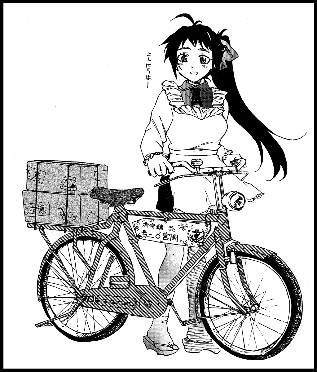 1girl, bicycle, box, cardboard_box, dodomori, full_body, greyscale, ground_vehicle
