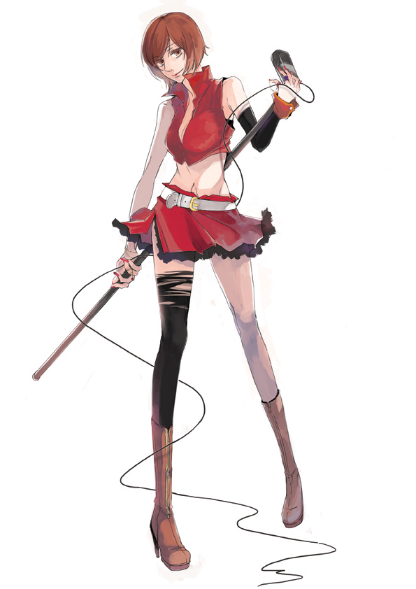 brown_eyes, brown_hair, meiko, microphone, microphone_stand, midriff, rama, short_hair