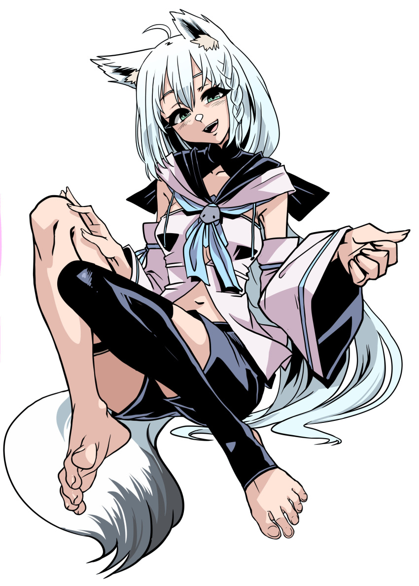 1girl, :d, absurdres, ahoge, animal_ears, aqua_eyes, bangs, barefoot