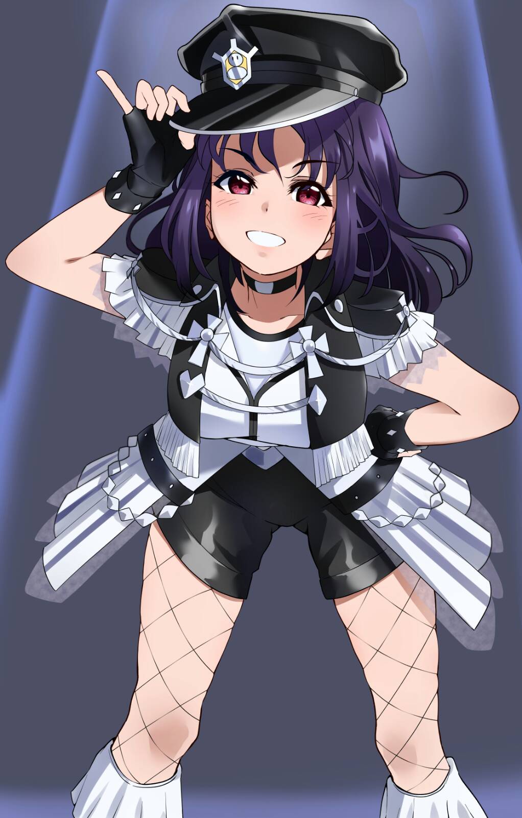1girl, believe_again, black_gloves, black_headwear, black_shorts, black_vest, fingerless_gloves, fishnet_legwear, fishnets, gloves, hand_on_hip, hand_up, hat, highres, igarashi_kyouhei, kazuno_sarah, leaning_forward, looking_at_viewer, love_live!, love_live!_sunshine!!, pantyhose, peaked_cap, pinky_out, purple_hair, red_eyes, shirt, shorts, skindentation, smile, solo, vest, white_shirt
