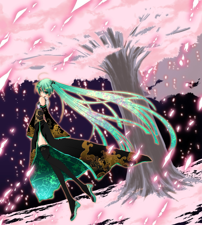 ahoge, aqua_eyes, aqua_hair, cherry_blossoms, detached_sleeves, hatsune_miku, highres, japanese_clothes