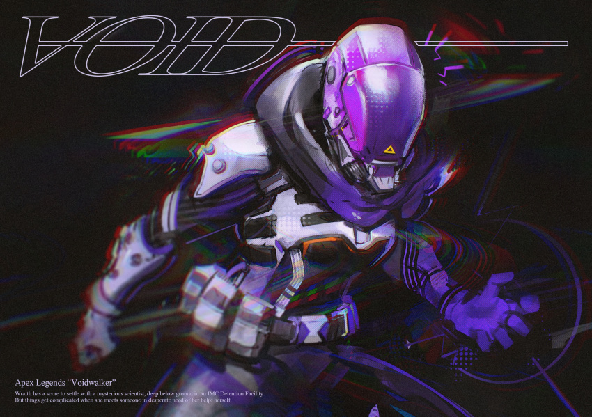 1girl, apex_legends, armor, breasts, chromatic_aberration, clenched_hand, copyright_name, english_text