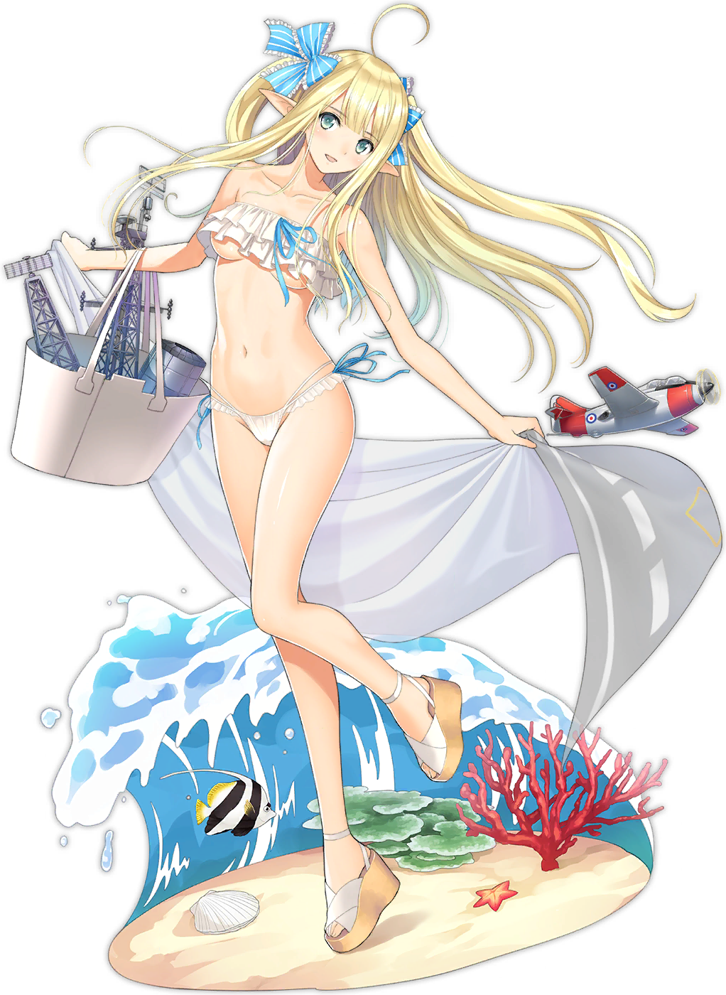 1girl, alternate_costume, azur_lane, bag, bangs, bare_shoulders, bikini, blonde_hair
