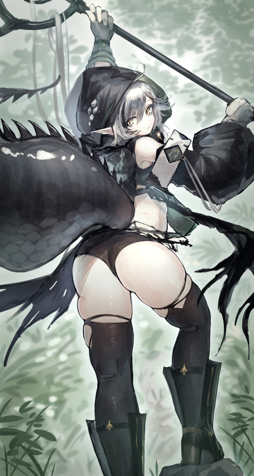 1girl, absurdres, ahoge, arawado, arknights, ass, bangs, black_footwear