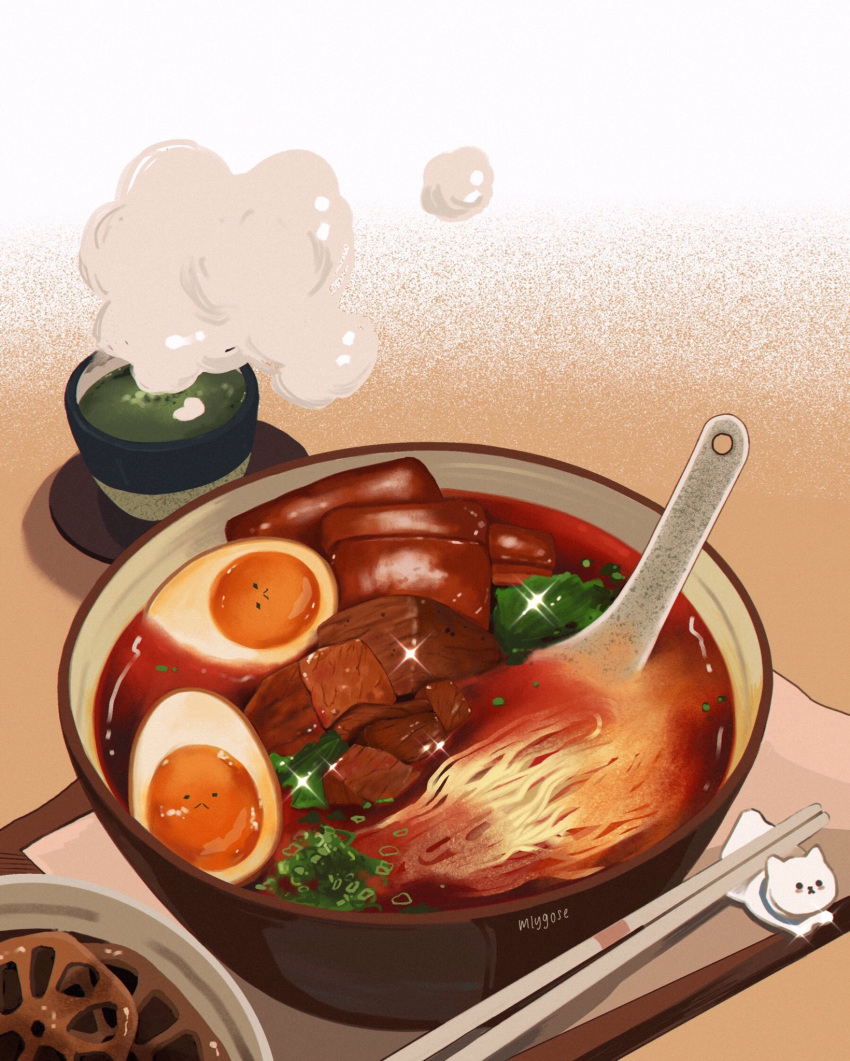 bowl, chopstick_rest, chopsticks, cup, drink, egg, english_commentary, food, food_focus, garnish, green_tea, halfboiled_egg, highres, lotus_root, meat, mlygose, no_humans, noodles, original, realistic, simple_background, soup, sparkle, spoon, spring_onion, steam, still_life, tea, vegetable