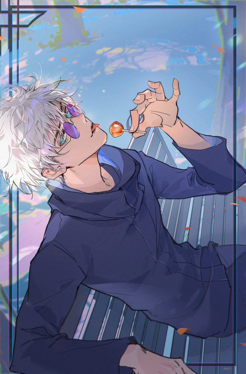 1boy, absurdres, bangs, bench, black_jacket, black_pants, blue_eyes, candy, cowboy_shot, food, framed, fxmao-, gojou_satoru, hair_between_eyes, hand_up, high_collar, highres, holding, holding_candy, holding_food, holding_lollipop, jacket, jujutsu_kaisen, lollipop, long_sleeves, looking_at_viewer, male_focus, pants, short_hair, sitting, solo, tongue, tongue_out, white_hair