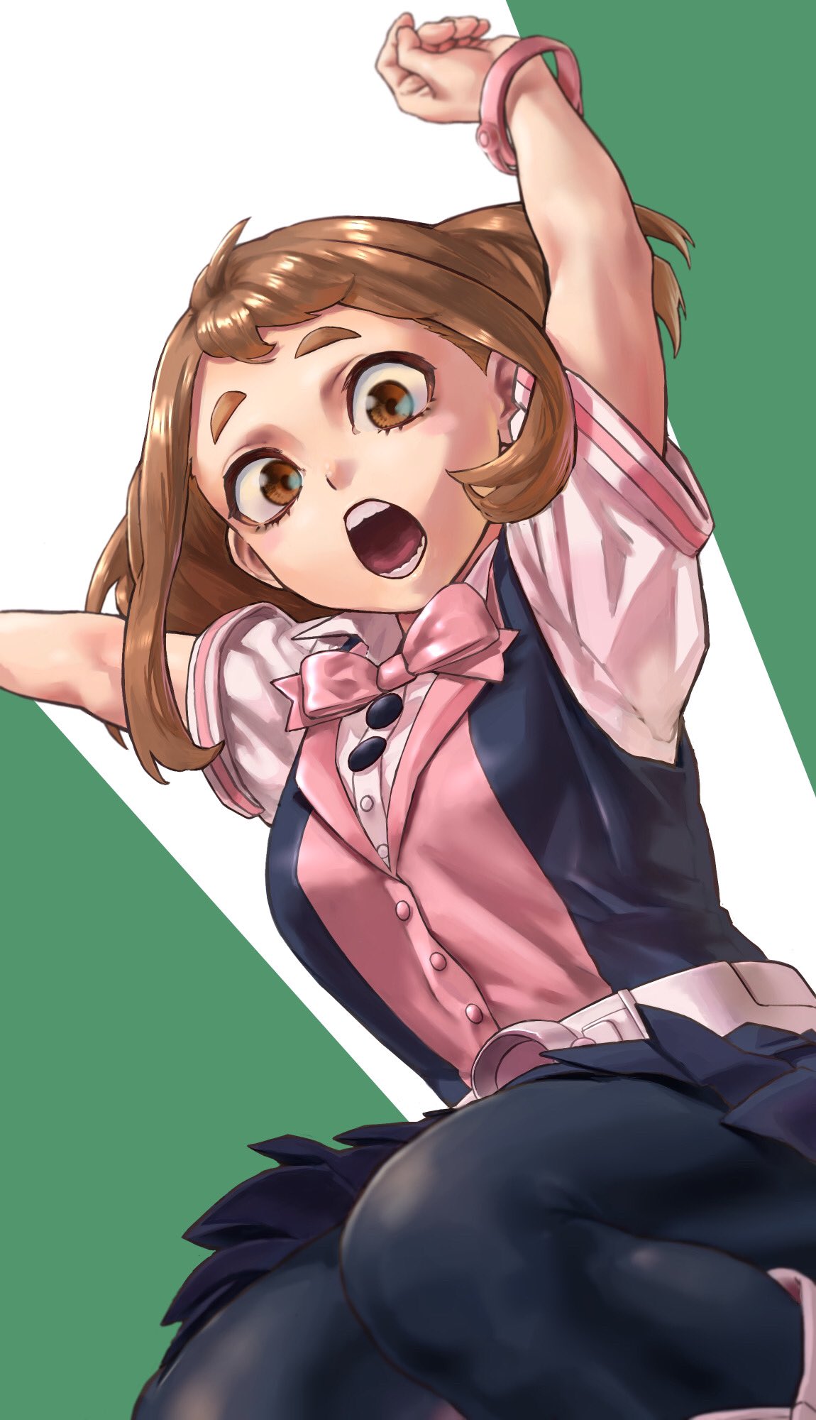 1girl, arms_up, belt, black_legwear, black_skirt, black_vest, boku_no_hero_academia, bow