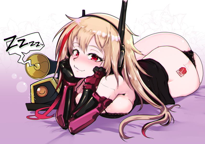 1girl, arm_support, ass, back_tattoo, black_panties, blonde_hair, blush, breasts