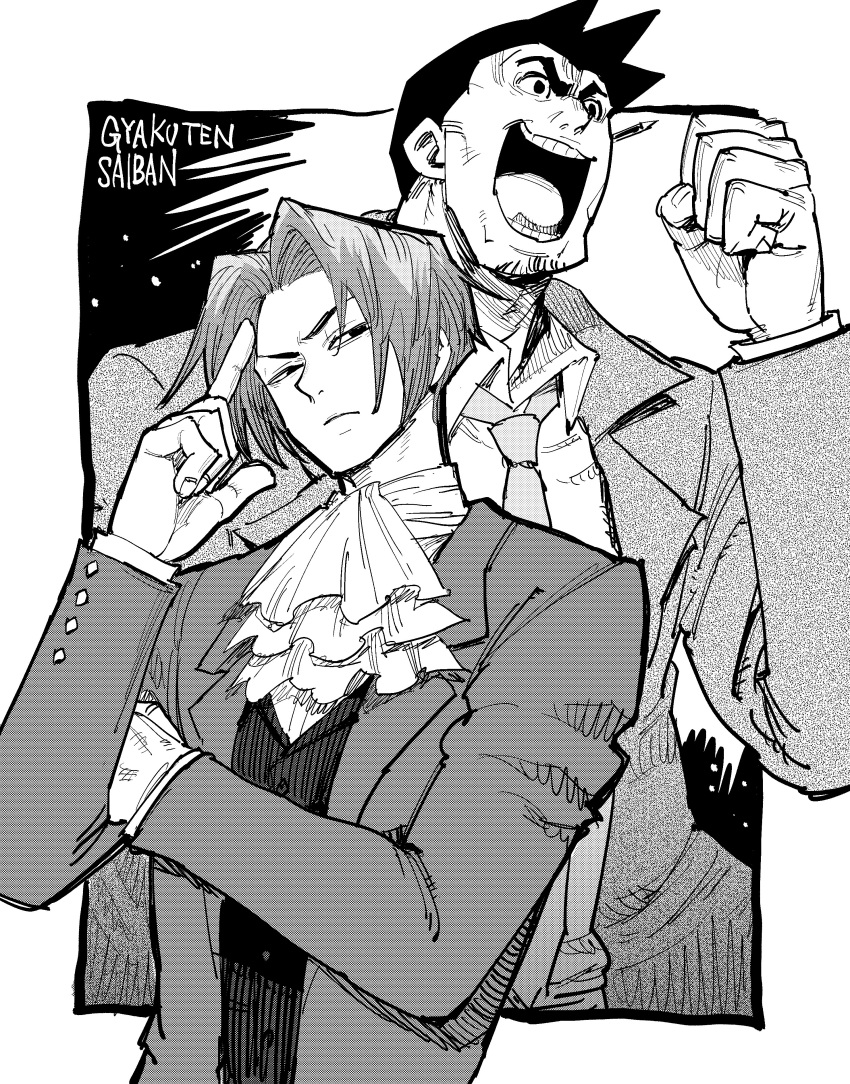 2boys, :d, absurdres, behind_ear, black_hair, border, cravat, facial_hair