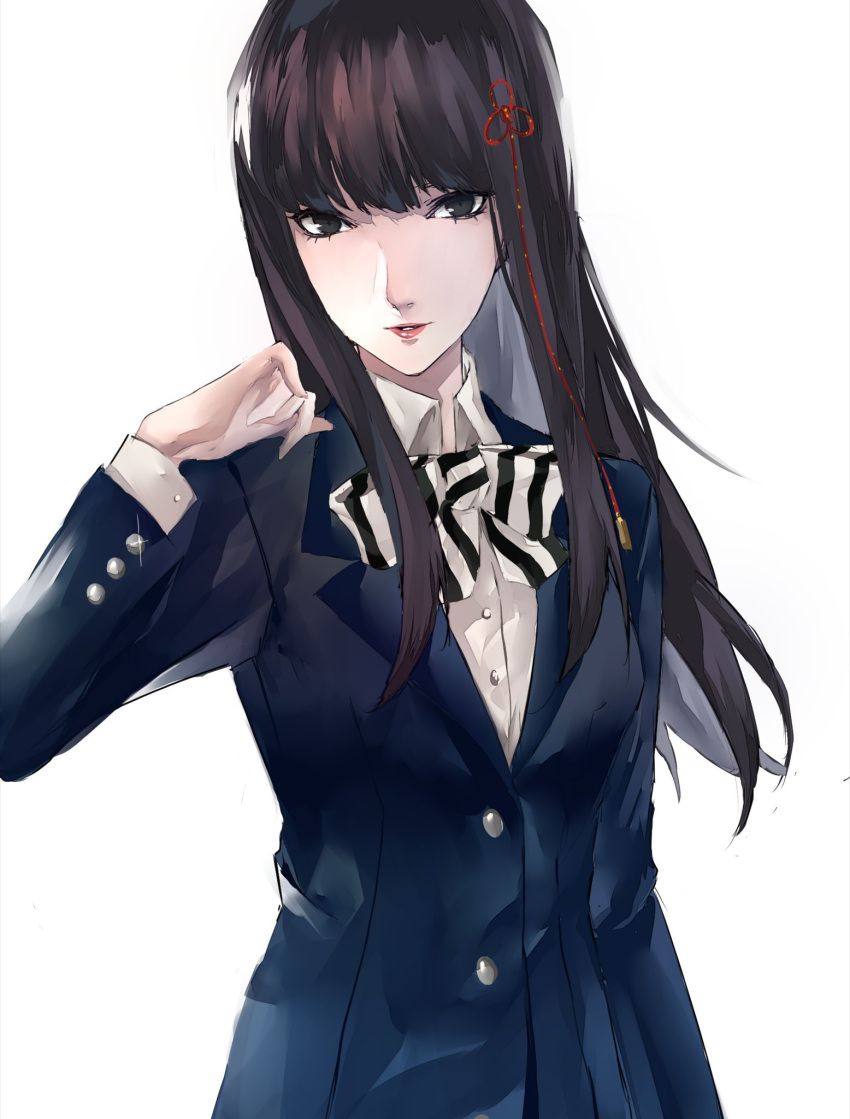 1girl, arm_up, bangs, black_eyes, black_hair, blazer, bow, bowtie