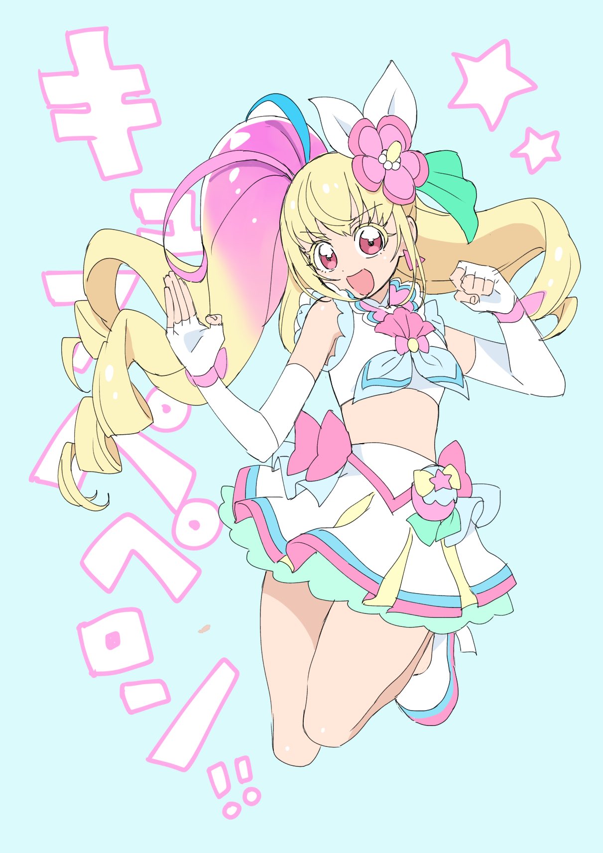 1girl, :d, alice_peperoncino, blonde_hair, blouse, blue_background, blue_hair, blue_neckwear, bow, clenched_hand, cosplay, crop_top, cure_summer, cure_summer_(cosplay), drill_hair, earrings, elbow_gloves, eyebrows_visible_through_hair, fairouz_ai, fighting_stance, fingerless_gloves, flower, full_body, gloves, green_ribbon, hair_bow, hair_ribbon, hibiscus, highres, jewelry, jumping, kiratto_pri_chan, layered_skirt, legs_up, long_hair, magical_girl, midriff, multicolored, multicolored_clothes, multicolored_footwear, multicolored_hair, multicolored_skirt, neckerchief, one_side_up, open_mouth, pink_bow, pink_eyes, pink_hair, pink_sailor_collar, pleated_skirt, pouch, precure, pretty_(series), ribbon, rn10r, sailor_collar, seiyuu_connection, simple_background, skirt, sleeveless_blouse, smile, solo, star_(symbol), stomach, translated, triangle_earrings, tropical-rouge!_precure, v-shaped_eyebrows, very_long_hair, white_blouse, white_bow, white_gloves, wrist_bow