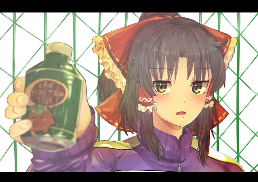 1girl, alternate_costume, bangs, black_hair, blush, bottle, bow, brown_eyes