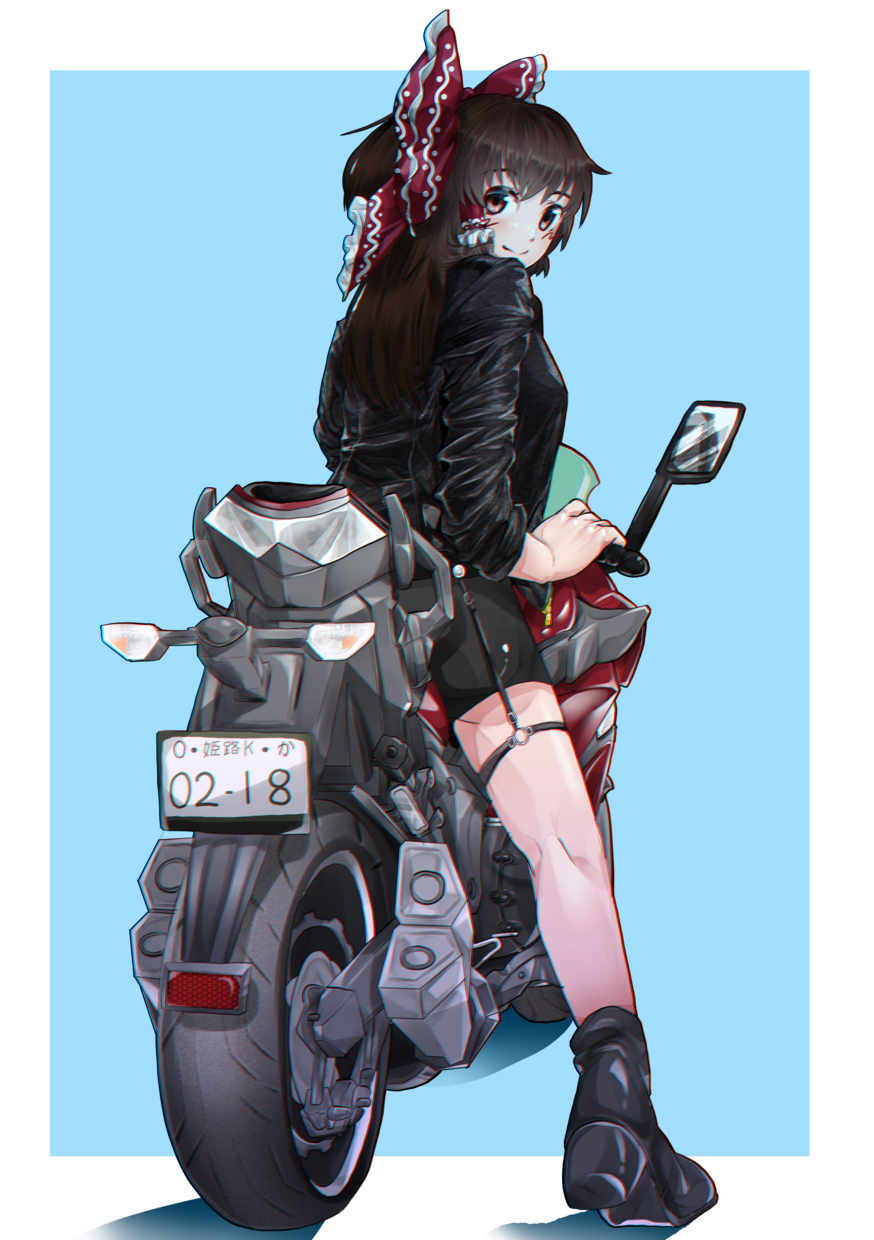 1girl, bangs, black_footwear, black_jacket, blue_background, border, bow, brown_eyes