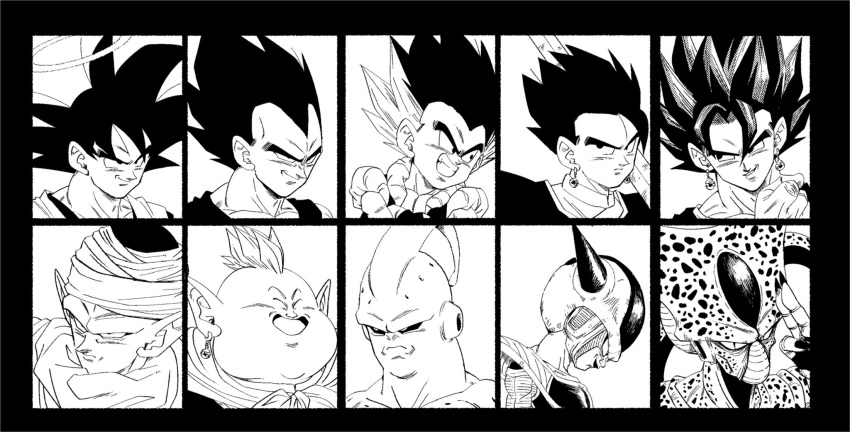 6+boys, antennae, armor, bangs, biceps, black_border, black_eyes, black_hair, black_sclera, border, cell_(dragon_ball), close-up, closed_eyes, closed_mouth, colored_sclera, dai_kaioushin, dragon_ball, dragon_ball_z, earrings, evil_smile, face, facing_viewer, fenyon, finger_to_face, fingernails, fingers_together, frieza, gloves, gotenks, grin, halo, hand_up, head_down, high_collar, highres, horns, imperfect_cell, jewelry, long_fingernails, looking_afar, looking_at_viewer, majin_buu, metamoran_vest, mohawk, monochrome, multicolored_hair, multiple_boys, neckerchief, over_shoulder, piccolo, pointy_ears, potara_earrings, profile, saiyan_armor, simple_background, slit_pupils, smile, son_gohan, son_goku, spiky_hair, streaked_hair, super_buu, sword, sword_over_shoulder, tail, turban, vegeta, vegetto, weapon, weapon_over_shoulder, white_background