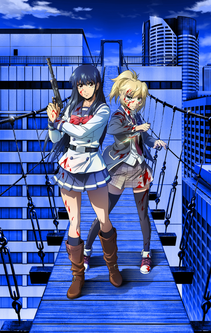 2girls, absurdres, belt_buckle, blonde_hair, blood, blood_on_face, blood_splatter, bloody_clothes