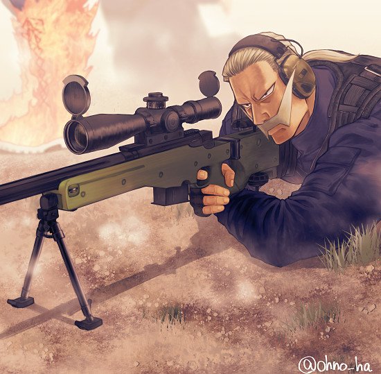 1boy, black_gloves, boku_no_hero_academia, facial_hair, fingerless_gloves, gloves, gun, headphones, higawara_sajin, male_focus, military, military_uniform, mustache, ono_(ohno_ha), outdoors, ponytail, rifle, shadow, sniper_rifle, solo, uniform, weapon, white_hair