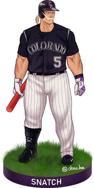 1boy, baseball_bat, baseball_helmet, black_footwear, black_shirt, boku_no_hero_academia, character_name, clenched_hand, colorado_rockies, facial_hair, full_body, gloves, grass, helmet, higawara_sajin, jersey, male_focus, muscular, mustache, ono_(ohno_ha), pants, ponytail, shirt, solo, standing, striped, striped_pants, white_hair