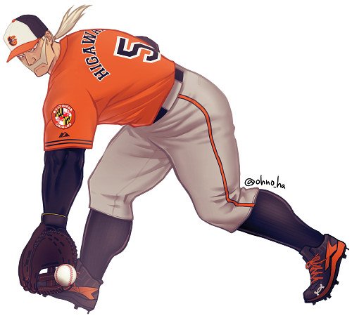 1boy, baltimore_orioles, baseball, baseball_cap, baseball_mitt, boku_no_hero_academia, cleats, facial_hair, hat, higawara_sajin, jersey, long_hair, lowres, male_focus, mustache, old, old_man, ono_(ohno_ha), ponytail, simple_background, twitter_username, white_background, white_hair