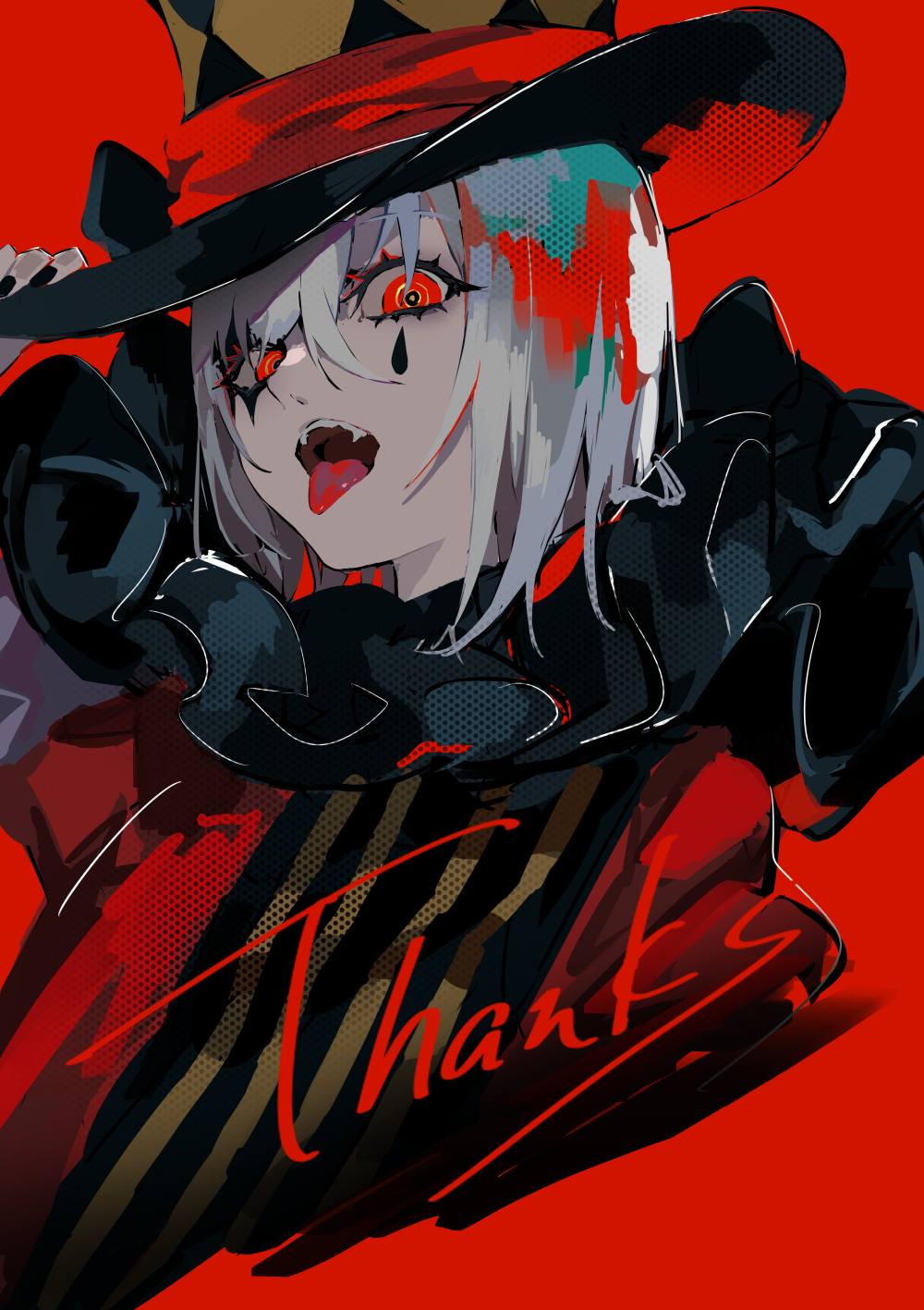 1girl, bangs, black_nails, clown, english_text, envy_baby_(vocaloid), fingernails, hand_on_headwear