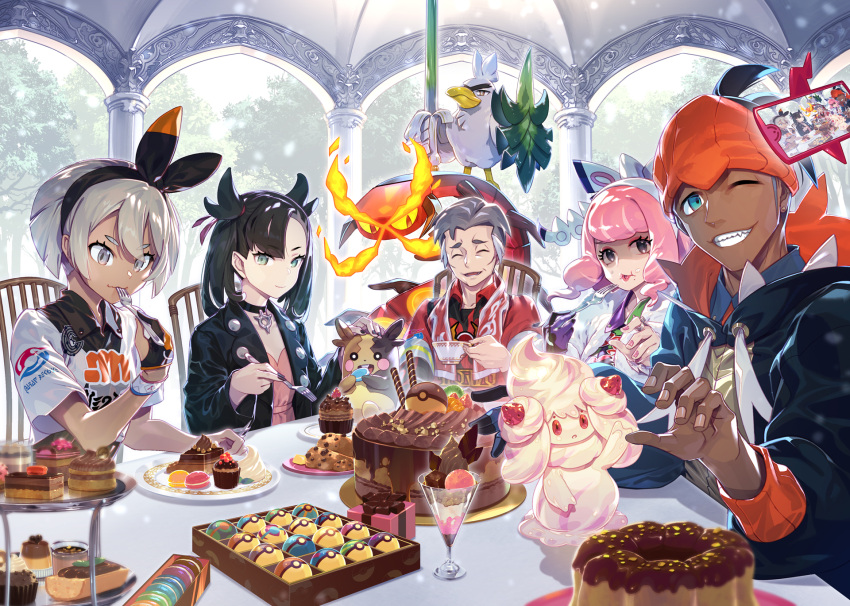 2boys, 3girls, alcremie, alcremie_(strawberry_sweet), artist_request, asymmetrical_bangs, bangs, bea_(pokemon)