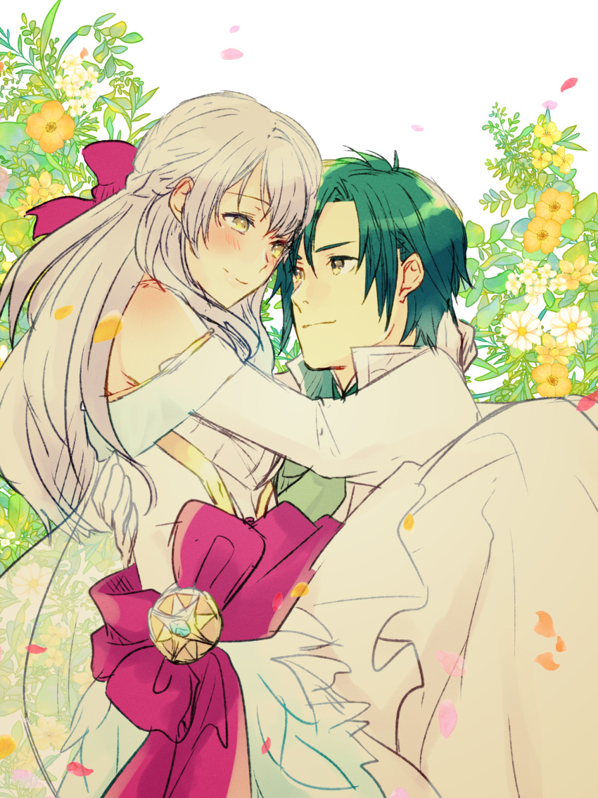 1boy, 1girl, absurdres, bangs, bare_shoulders, blush, bride, carrying