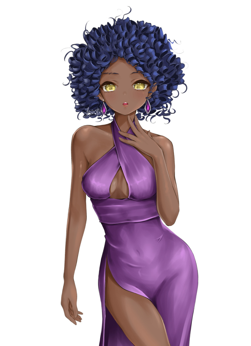 1girl, afro, bare_legs, black_hair, breasts, center_opening, chaesu, covered_navel, criss-cross_halter, dark_skin, dark-skinned_female, dress, earrings, english_commentary, formal, halter_dress, halterneck, highres, jewelry, medium_breasts, nara_(chaesu), no_bra, original, purple_dress, ringlets, side_slit, solo, standing, very_dark_skin, yellow_eyes