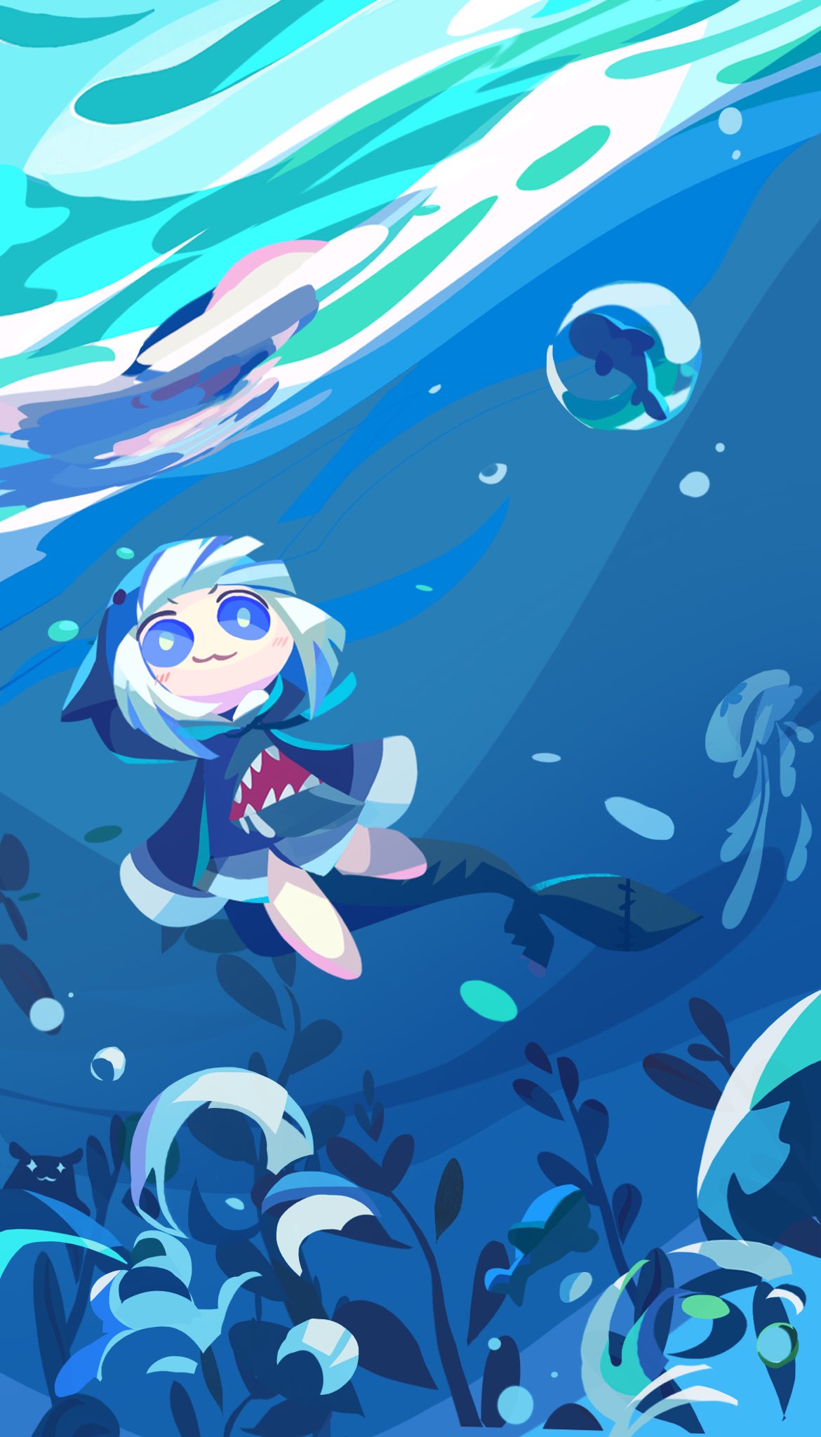 1girl, :3, animal_hood, blue_eyes, bubble, chibi, commentary, fish