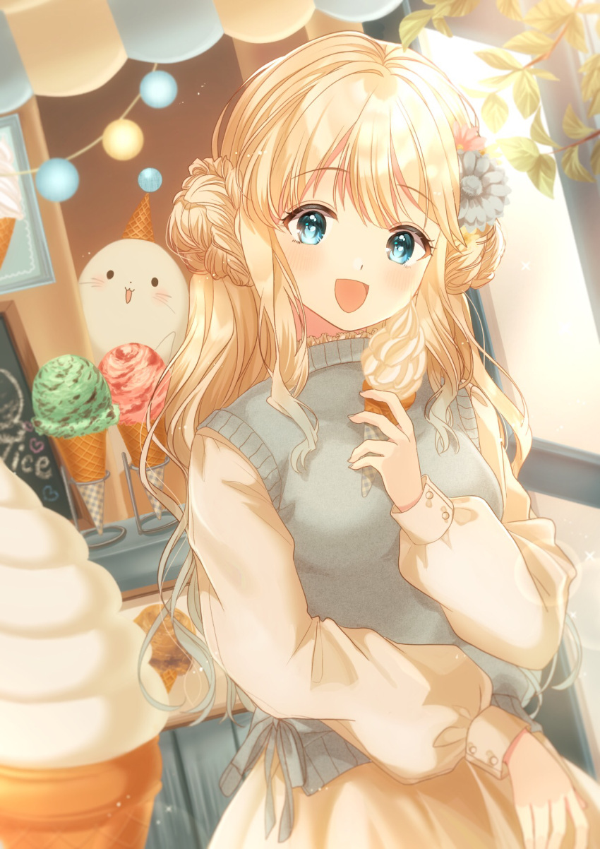 1girl, :d, arms_up, bangs, blonde_hair, blue_eyes, breasts, chalkboard