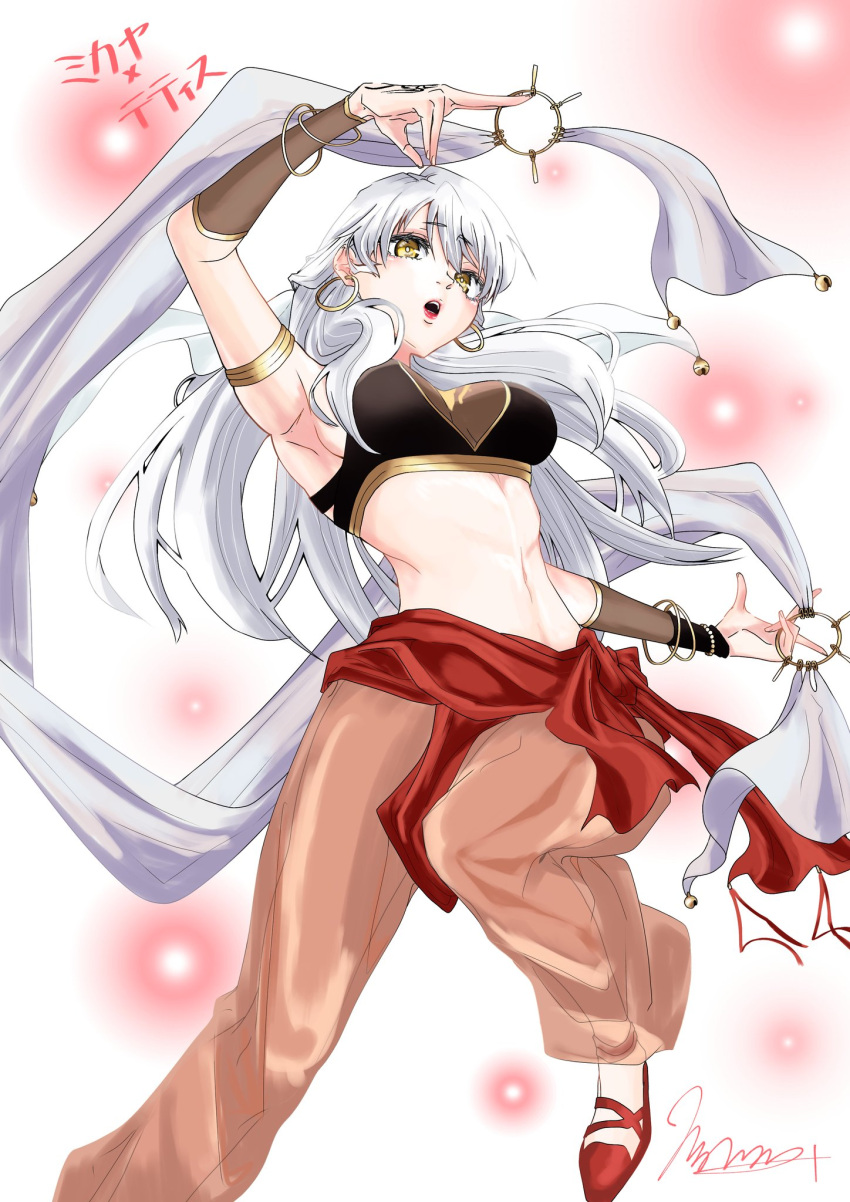 1girl, armlet, armpits, bangs, bare_shoulders, bell, birthmark, blush, breasts, character_name, cosplay, earrings, fire_emblem, fire_emblem:_radiant_dawn, fire_emblem:_the_sacred_stones, half_updo, highres, hoop_earrings, jewelry, jingle_bell, kuwatani_natsuko, long_hair, marth-chan_(micaiah_mrmm), medium_breasts, micaiah_(fire_emblem), midriff, navel, open_mouth, see-through, seiyuu_connection, signature, silver_hair, simple_background, sleeveless, solo, stomach, teeth, tethys_(fire_emblem), tethys_(fire_emblem)_(cosplay), yellow_eyes
