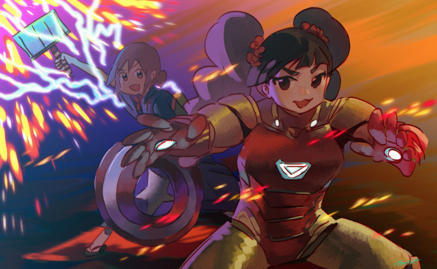 2girls, :3, akino_matsuki, armor, avengers, avengers:_endgame, black_hair, captain_america