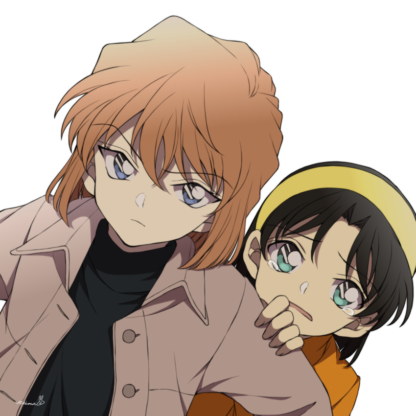 2girls, bangs, black_hair, black_shirt, blue_eyes, brown_coat, child, closed_mouth